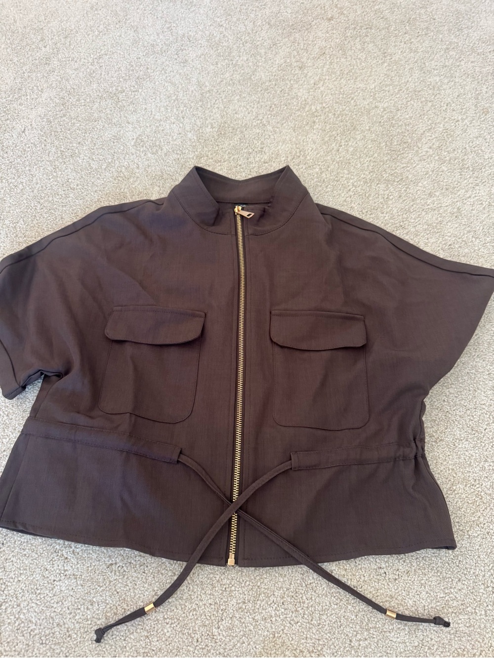 Brown Utility Zip Top XS | Cropped, Tie Waist, Minimal Chic